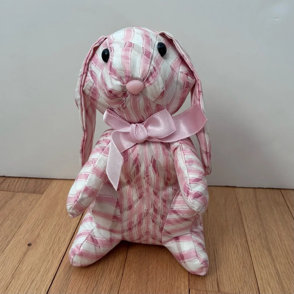 NWOT Saks Fifth Avenue Vintage Pink/White w/lt tan Striped Bunny, stuffed muslin